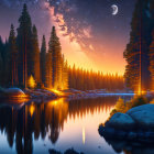 Starry sky and crescent moon over forest reflected in calm lake