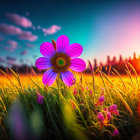 Pink flower in field at sunset with colorful sky and silhouetted plants