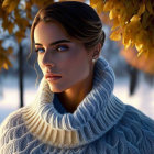 Woman in Cozy Turtleneck Sweater Amidst Wintry Scene