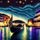 Nighttime Venice illustration with gondola, stars, cosmic patterns, and historic buildings