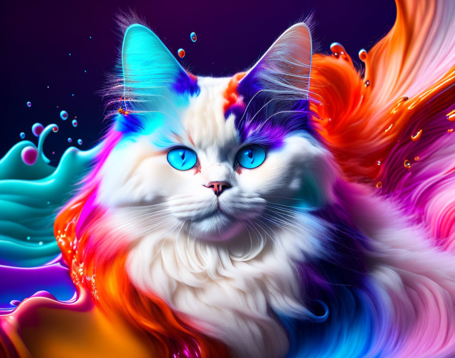 Colorful Cat with Blue Eyes Surrounded by Neon Swirls