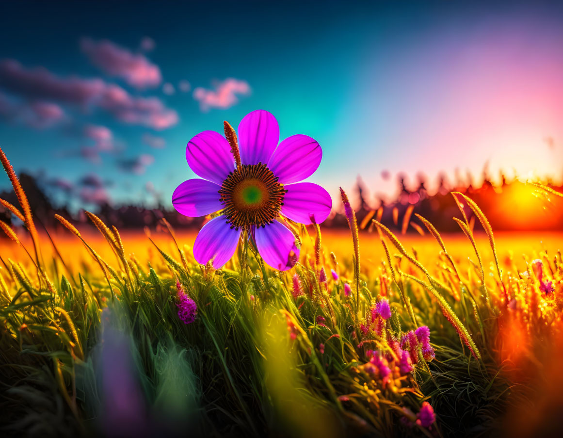 Pink flower in field at sunset with colorful sky and silhouetted plants