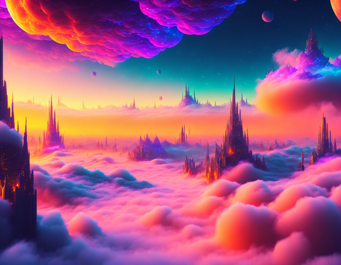 Colorful Fantasy Landscape with Alien Sky and Floating Islands