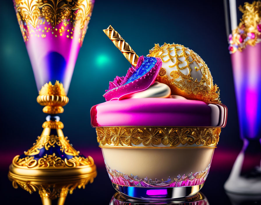 Jewel-encrusted goblet and cupcake with gold crown on vibrant background