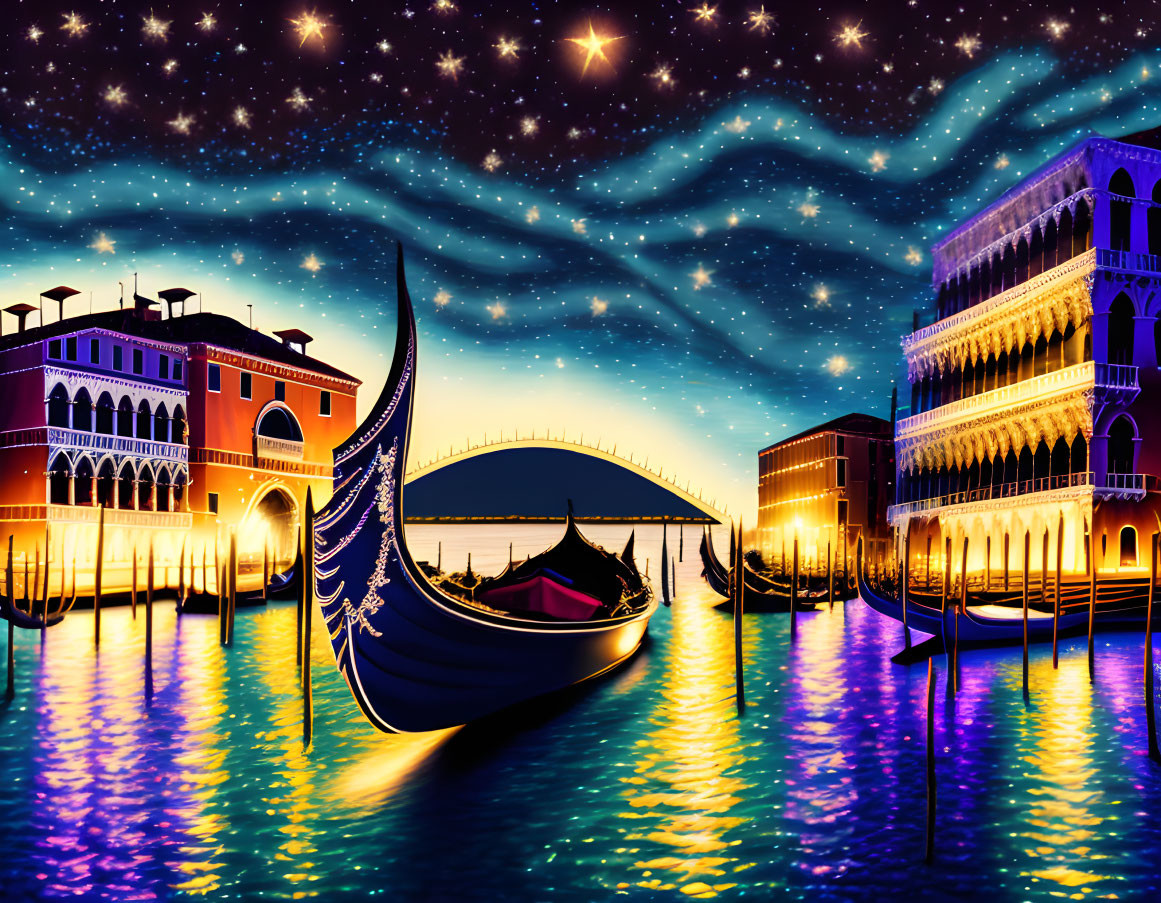 Nighttime Venice illustration with gondola, stars, cosmic patterns, and historic buildings