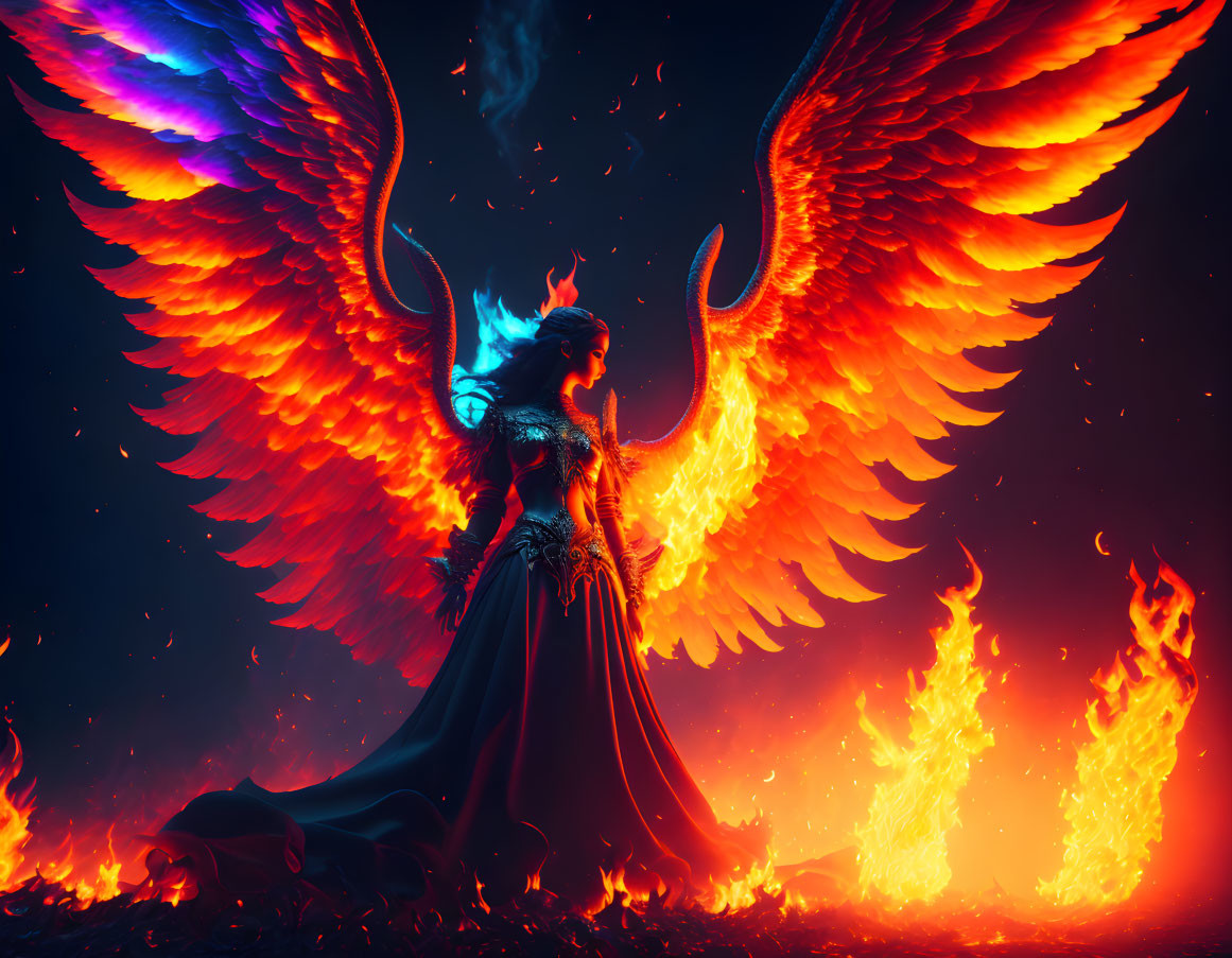 Fiery phoenix wings on majestic figure in flames against dark background