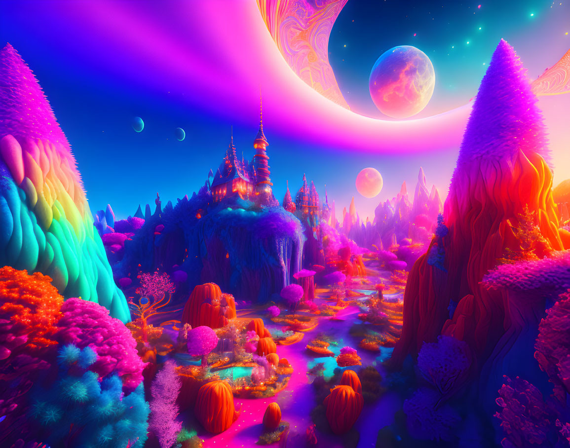 Fantastical neon landscape with castle, moons, and planets