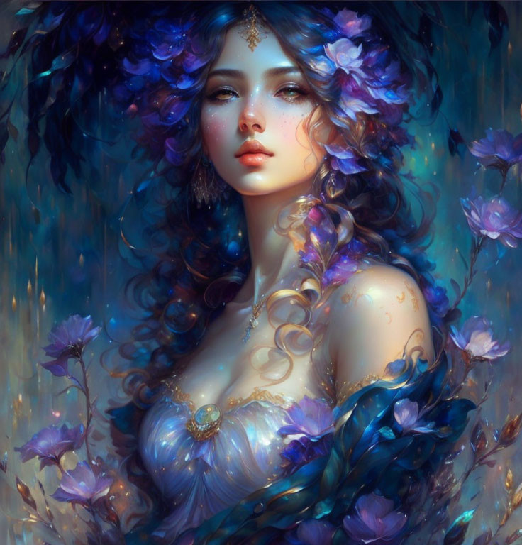 Fantastical portrait of woman with blue and purple floral elements