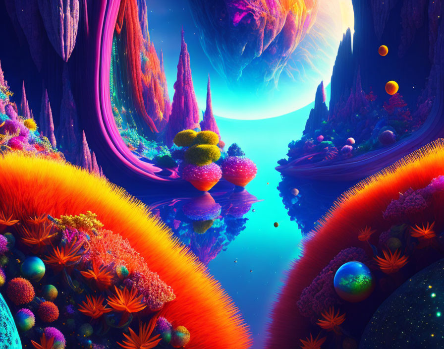 Colorful alien landscape with neon flora, reflective water, and fantastical planets.