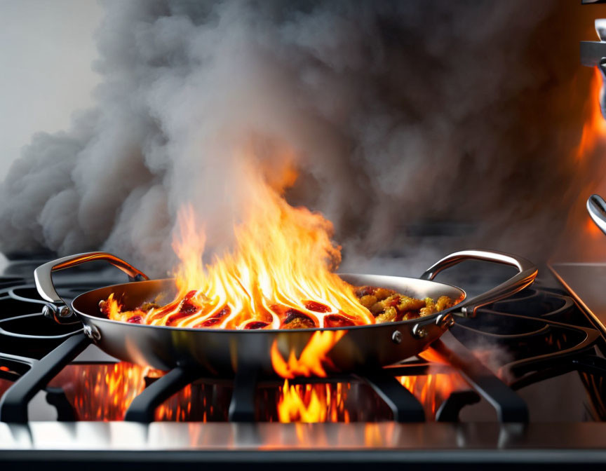 Intense flames engulf food in a pan on a stove, with rising smoke