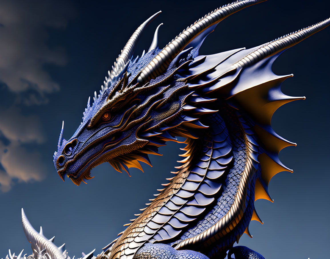 Detailed 3D illustration of majestic blue dragon with intricate scales, spikes, and piercing eyes in cloudy