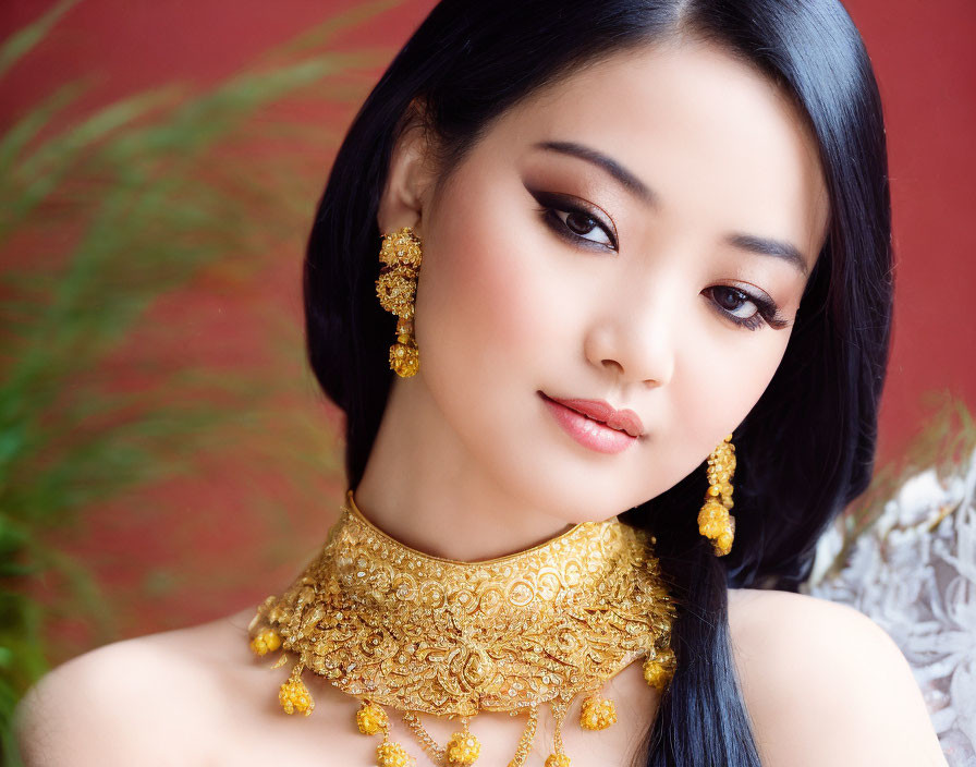 Dark-haired woman in ornate gold jewelry against warm backdrop