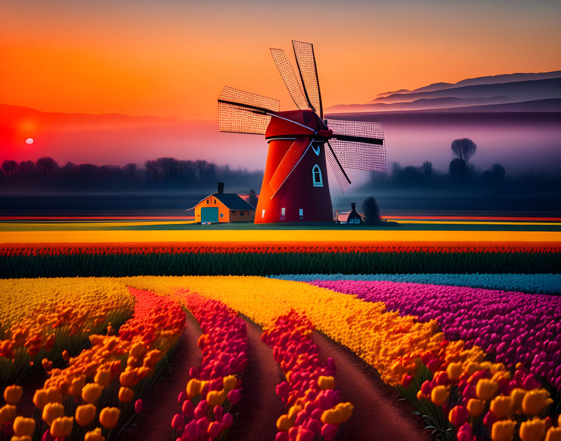 Colorful tulip field and red windmill at sunrise with misty mountains.