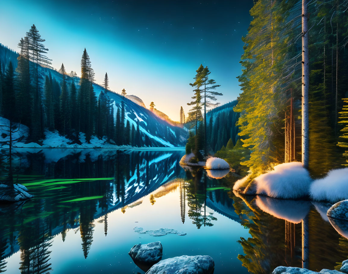 Tranquil forest lake under starry twilight sky