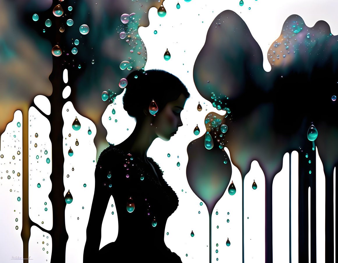 Abstract liquid patterns with floating orbs on colorful backdrop