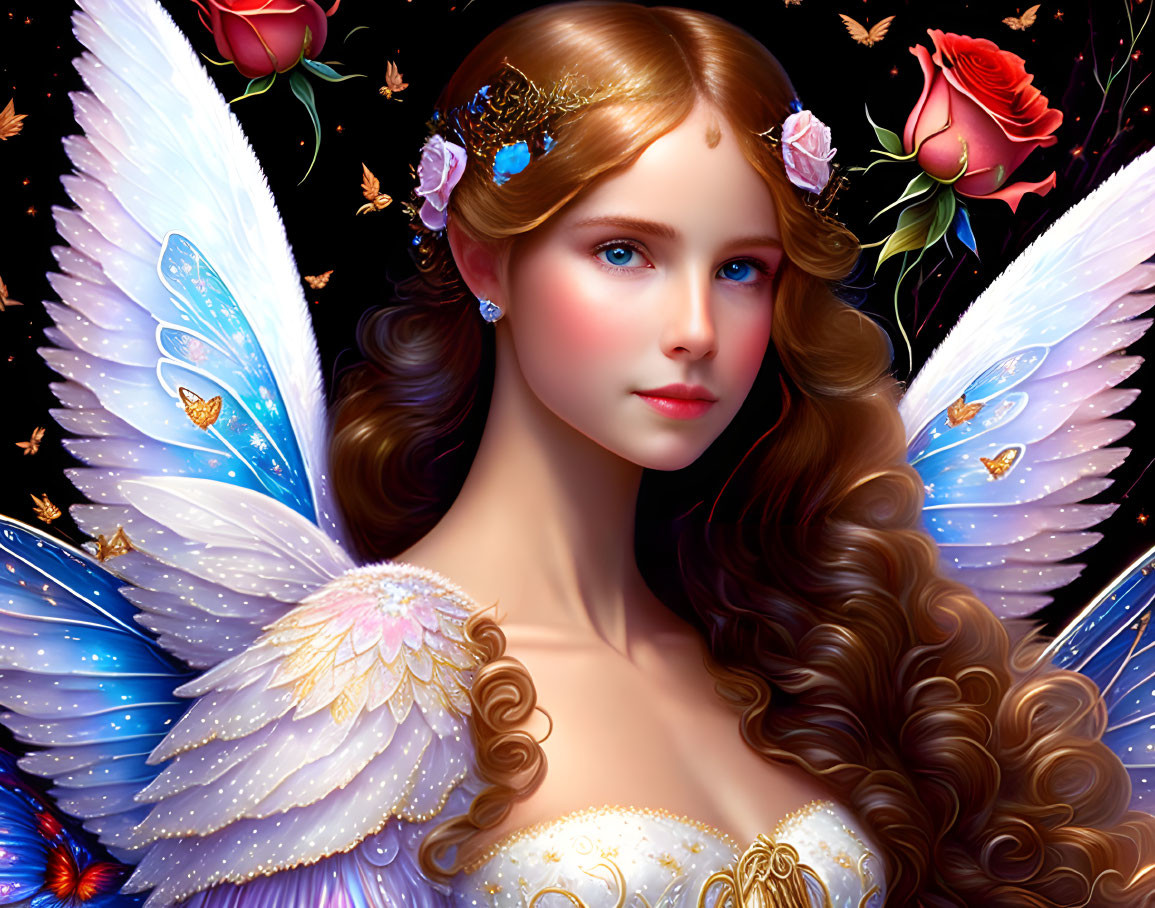 Digital Artwork: Fairytale Woman with Angel Wings, Roses, and Butterflies