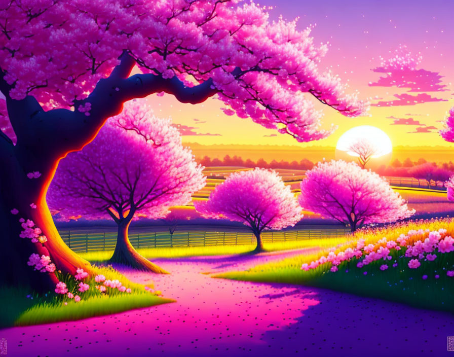 Digital artwork: Sunset with pink cherry blossoms and winding path