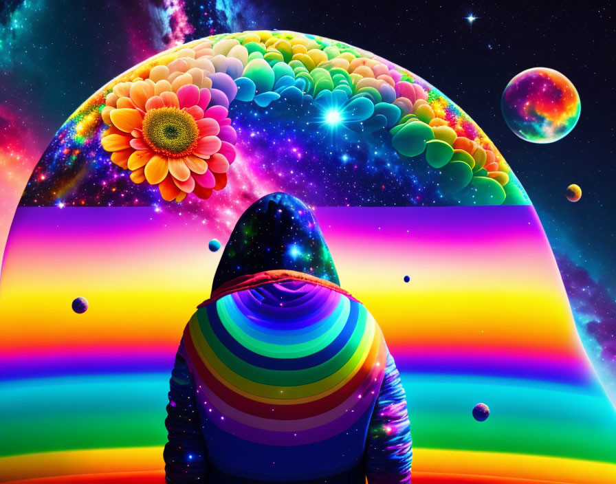 Colorful cosmic scene with person in rainbow-striped hoodie viewing vibrant flowers, planets, and rainbow.