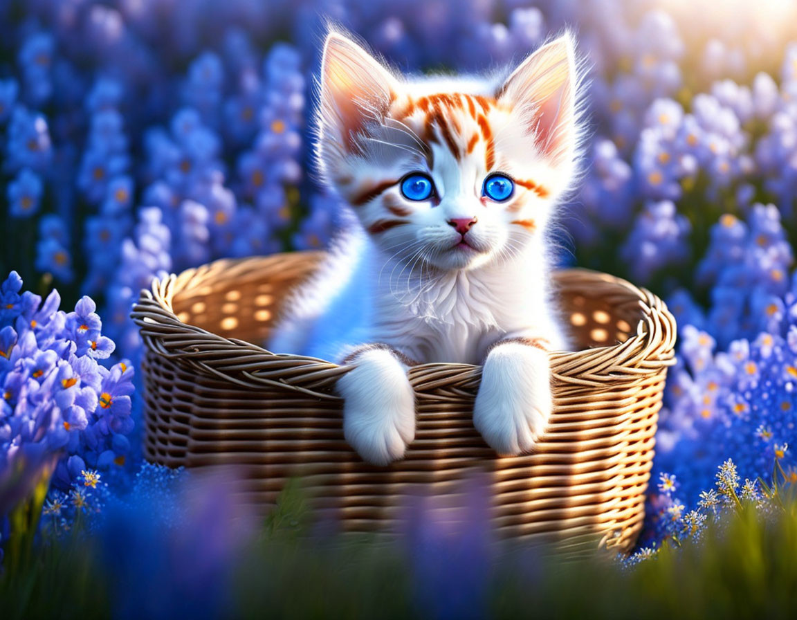 White and Ginger Kitten in Wicker Basket Surrounded by Purple Flowers