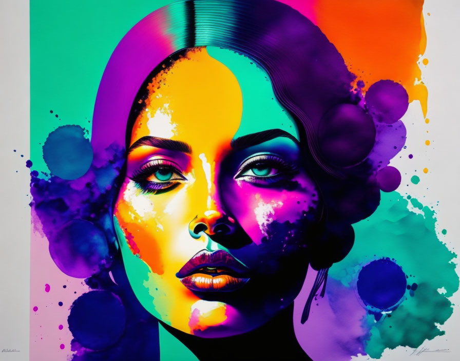 Colorful Abstract Portrait of Woman in Pink, Purple, Yellow & Green