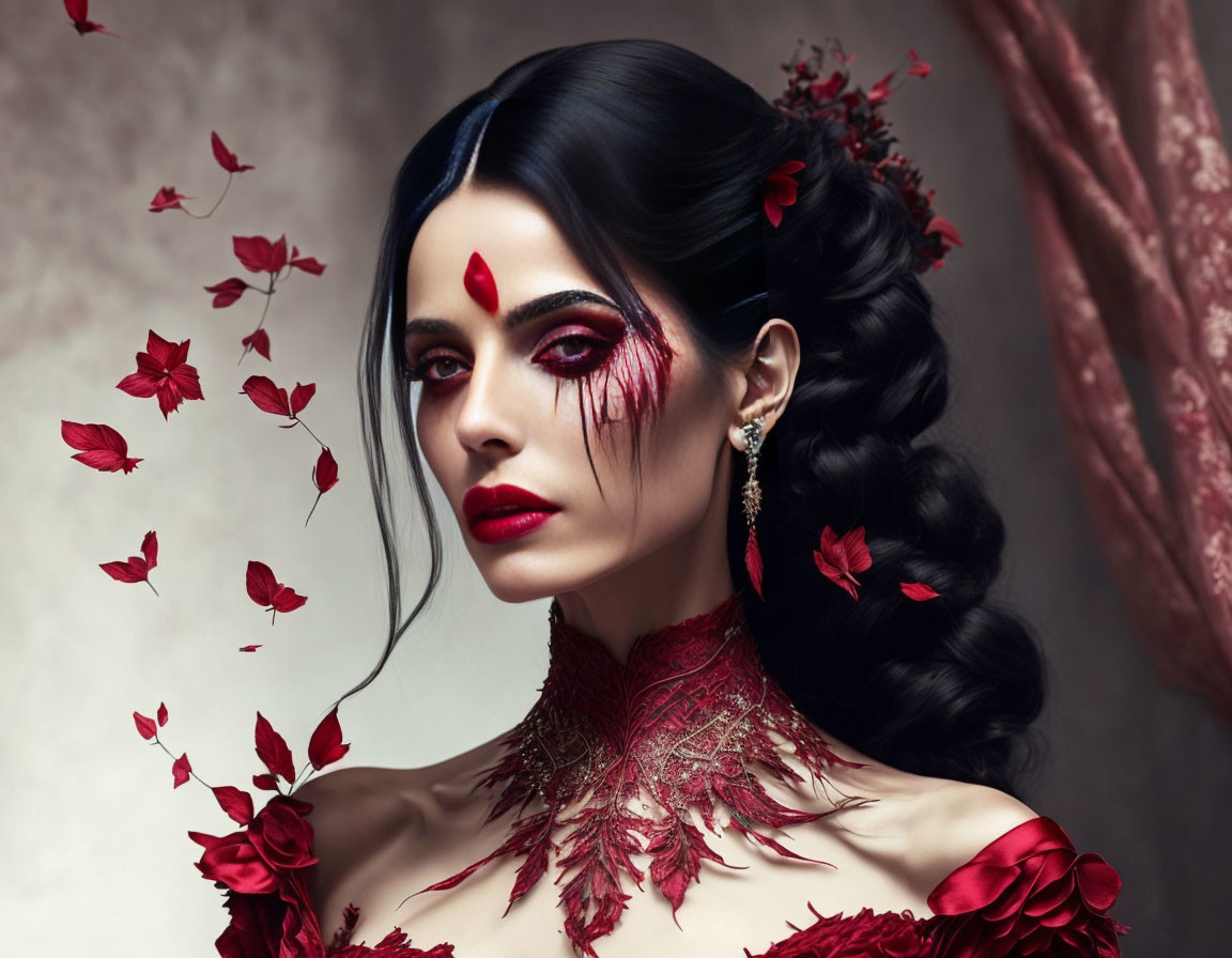 Dark-haired woman with red makeup surrounded by falling petals in dramatic floral attire