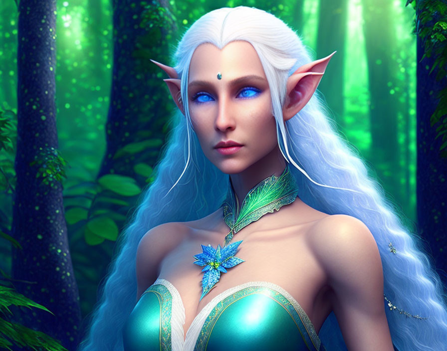 Elf with pointed ears in teal outfit among green forest