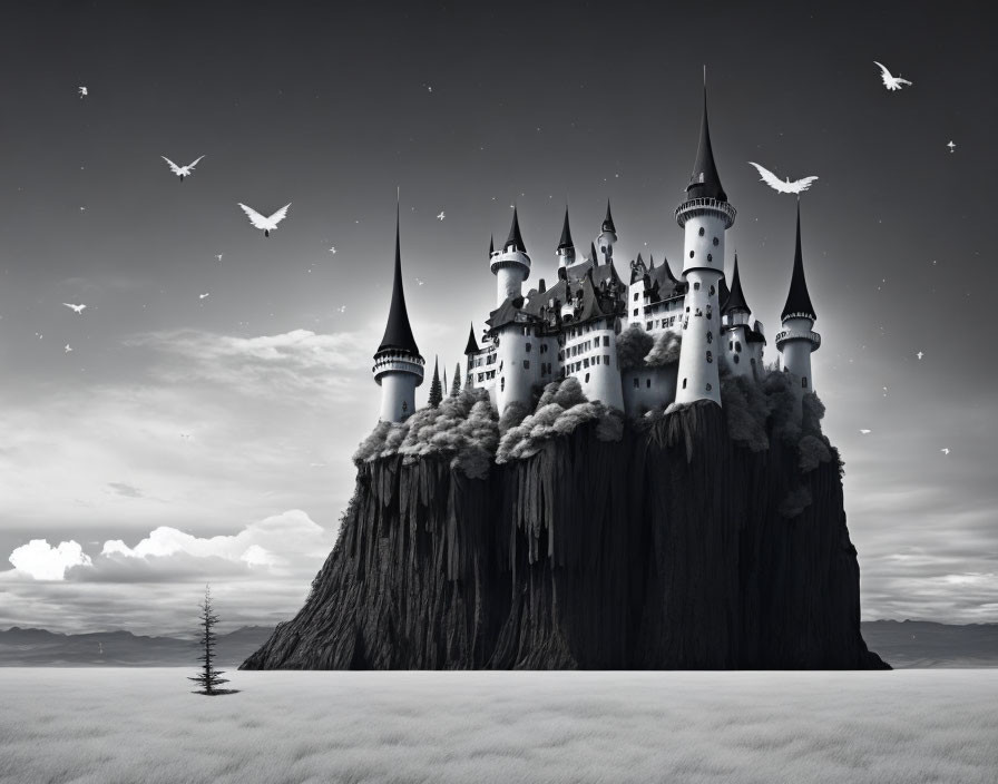 Monochromatic fantasy castle on cliff with birds in cloudy sky