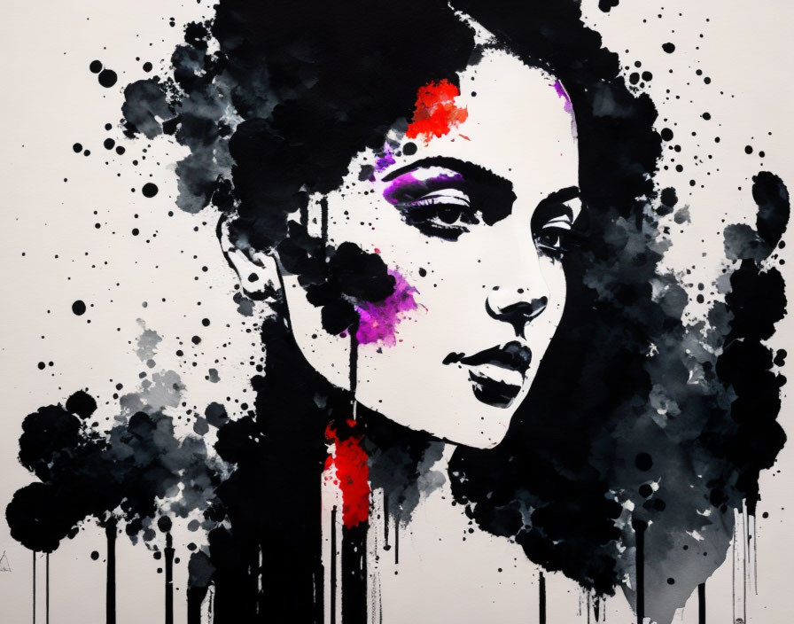 Abstract black and purple ink splatter woman's profile with red accents