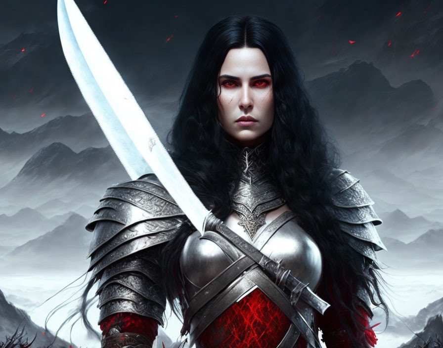 Dark-haired warrior in silver armor wields glowing sword amid stormy mountains