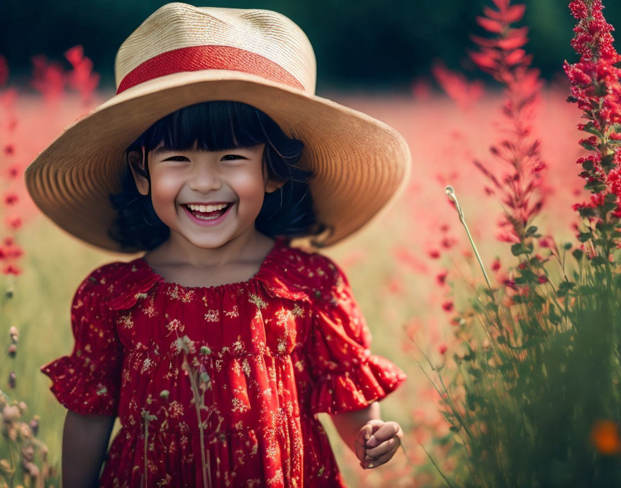 Young girl in wide-brimmed hat and red dress laughing in sunlit field among tall red flowers