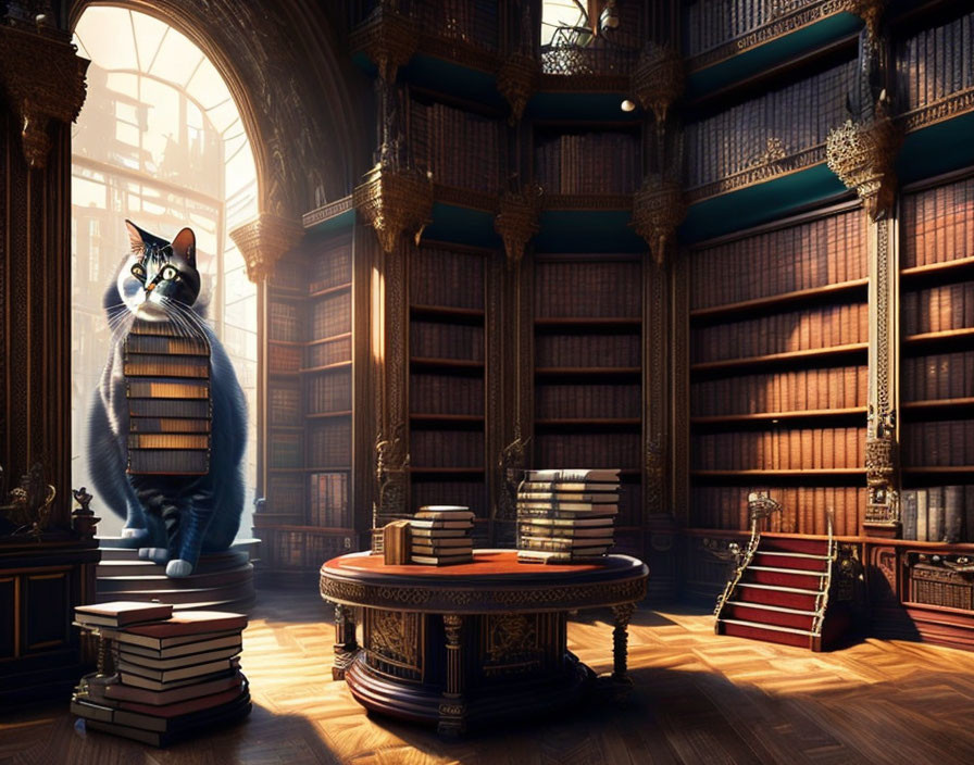 Enormous cat in sunlit library with towering bookshelves and red staircase