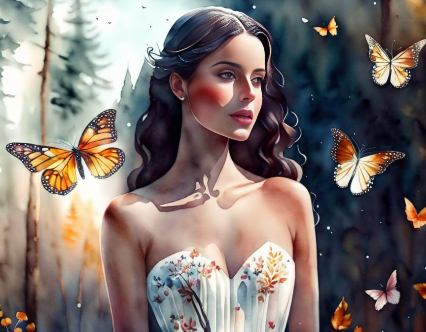 Woman in floral dress surrounded by monarch butterflies in whimsical forest