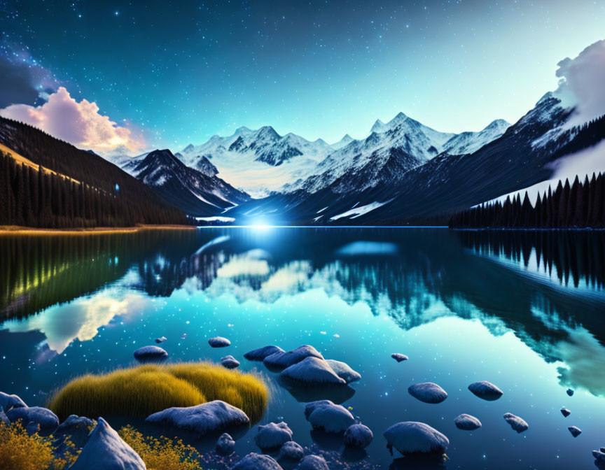 Serene lake with snow-capped mountains under starry night sky