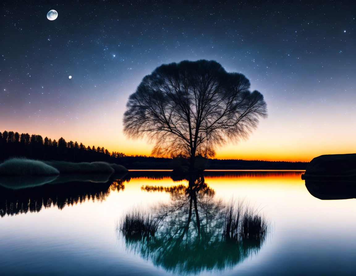 Silhouetted lone tree at twilight with stars, crescent moon, and lake reflection