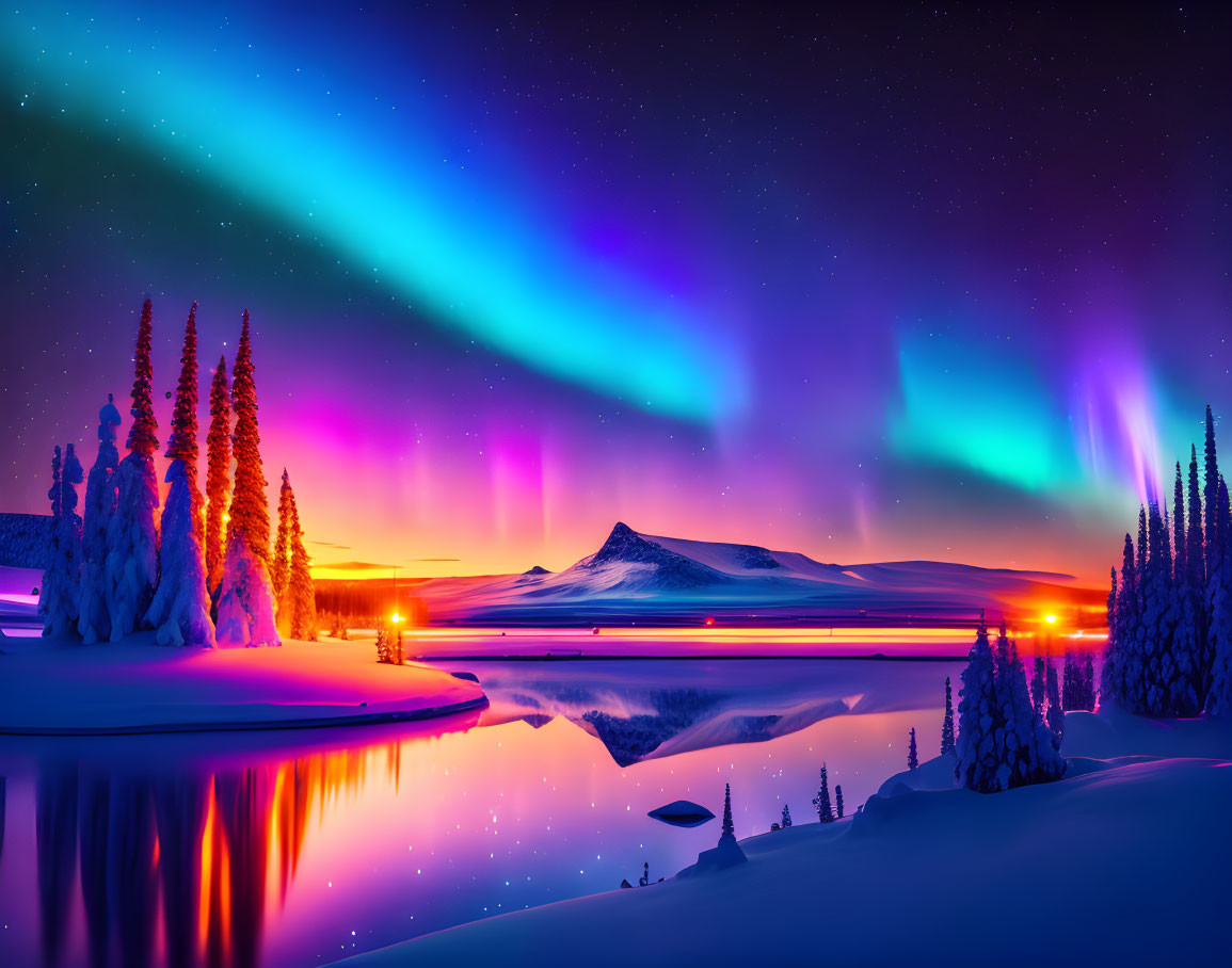 Northern Lights illuminate snowy landscape with trees, mountain, and lake