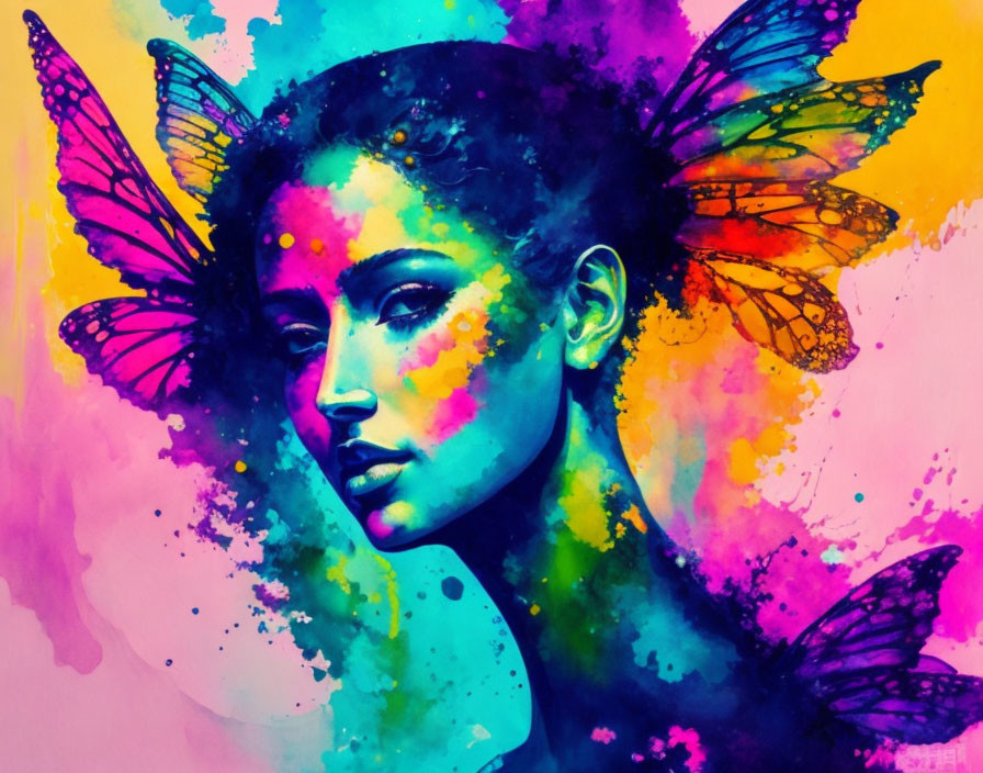 Colorful watercolor artwork featuring woman with butterfly wings for ears