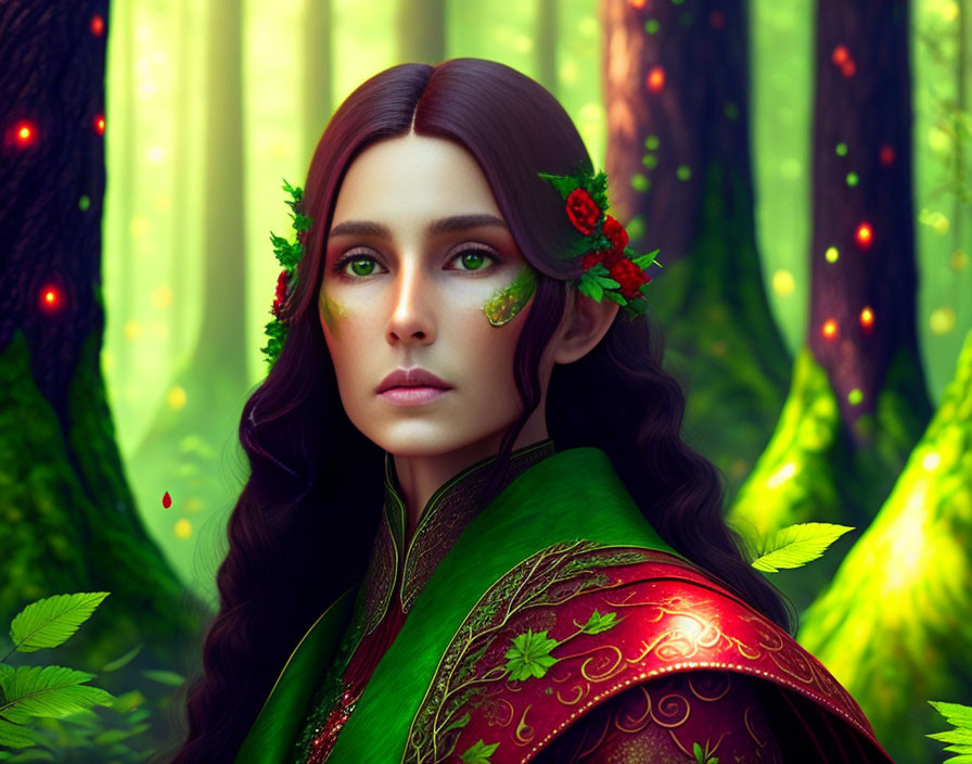 Fantasy Elf Woman in Green and Red Cloak in Enchanted Forest