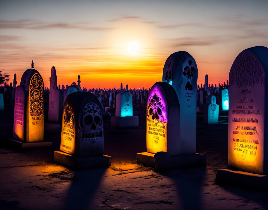 Colorful illuminated skull gravestones at dusk with setting sun