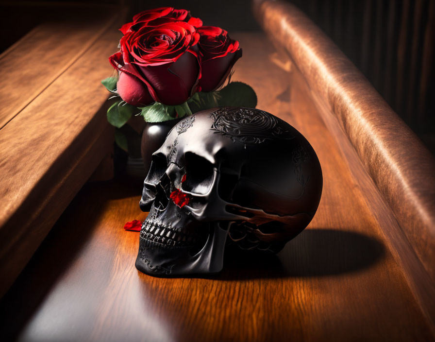 Intricate black skull with red roses on wooden surface