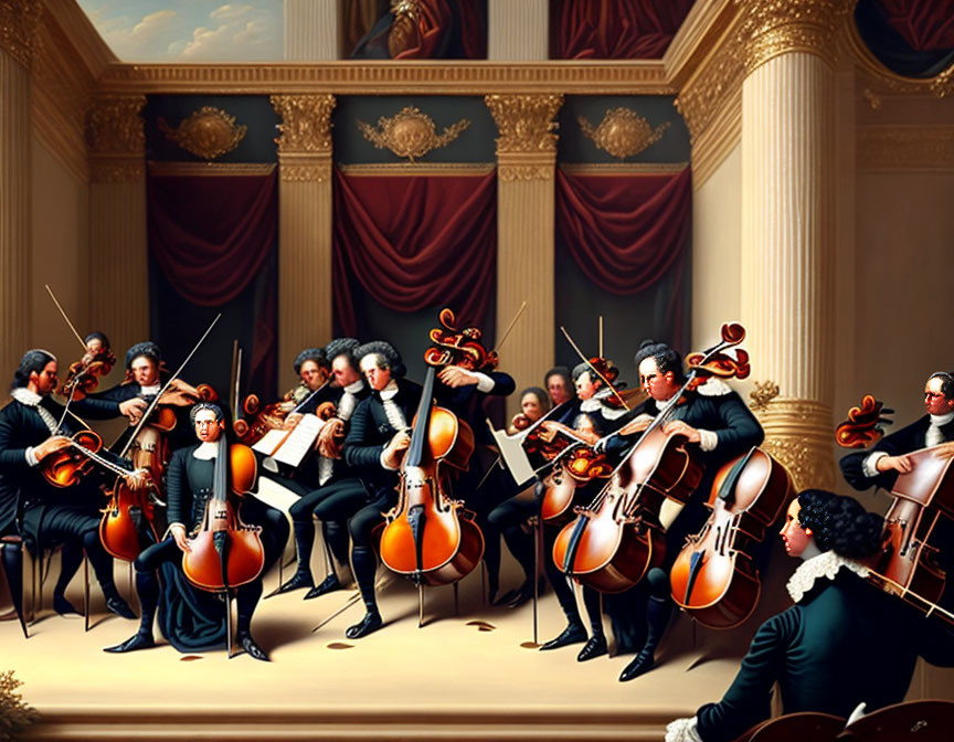 Elegant orchestra performing classical music in grand hall