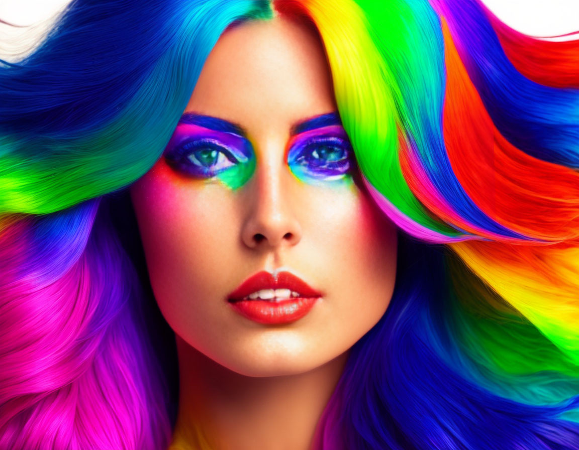 Vibrant rainbow-colored hair and bold, colorful makeup portrait.