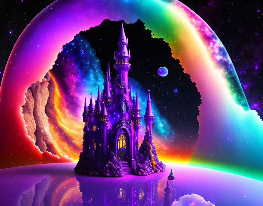 Fantasy castle with towers in cosmic backdrop with colorful nebula, rainbow arch, planets, and reflective