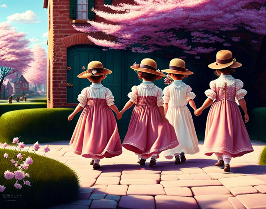 Four girls in vintage dresses and straw hats walking in lush greenery with blooming cherry trees.