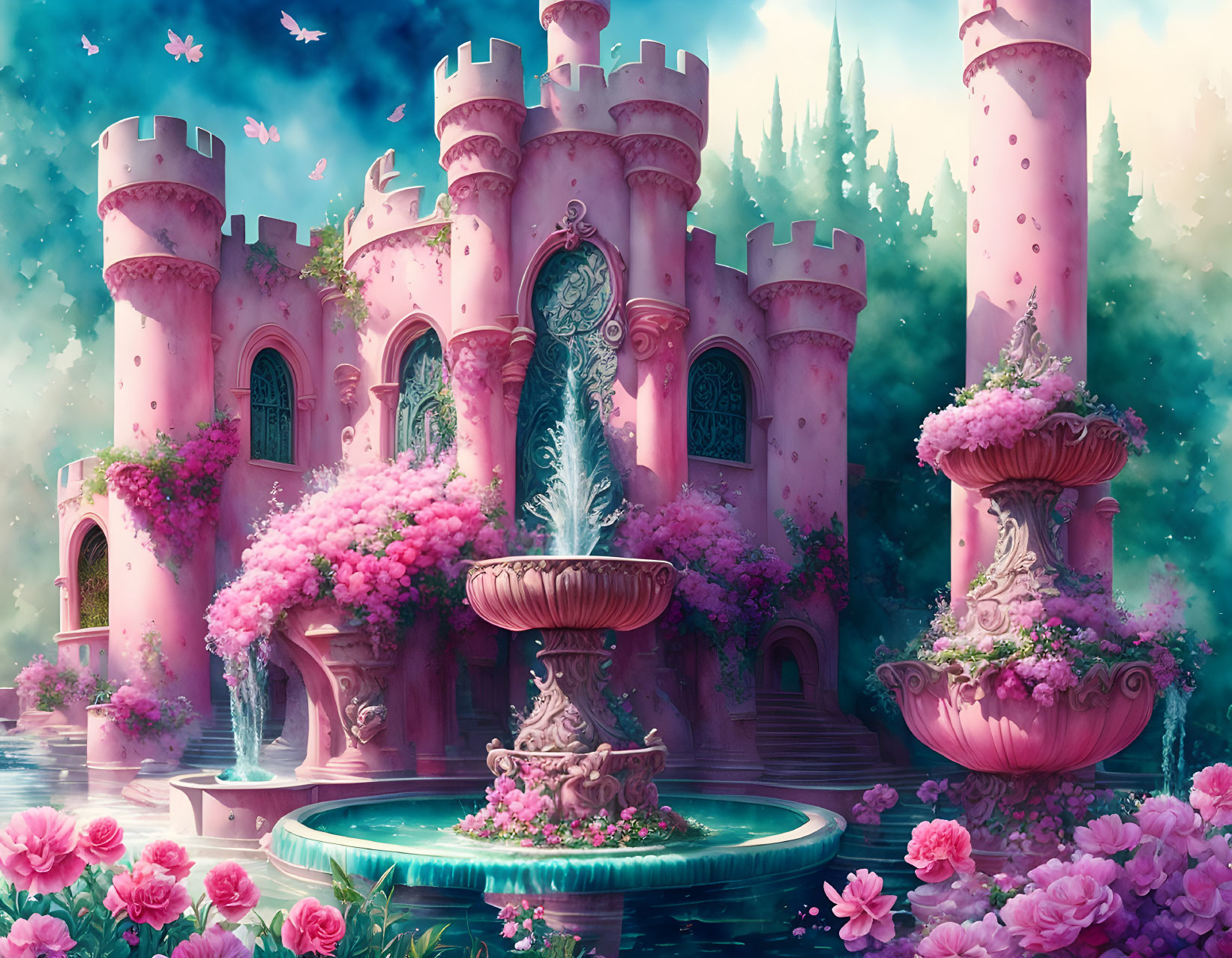 Pink Castle Surrounded by Lush Greenery, Trees, Fountain, and Birds