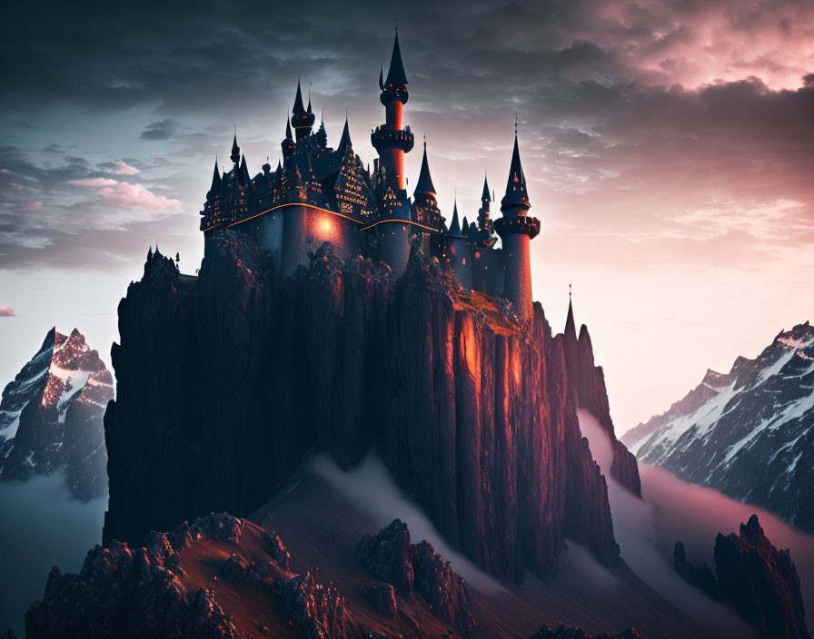 Majestic castle on cliff with mountain backdrop at dusk