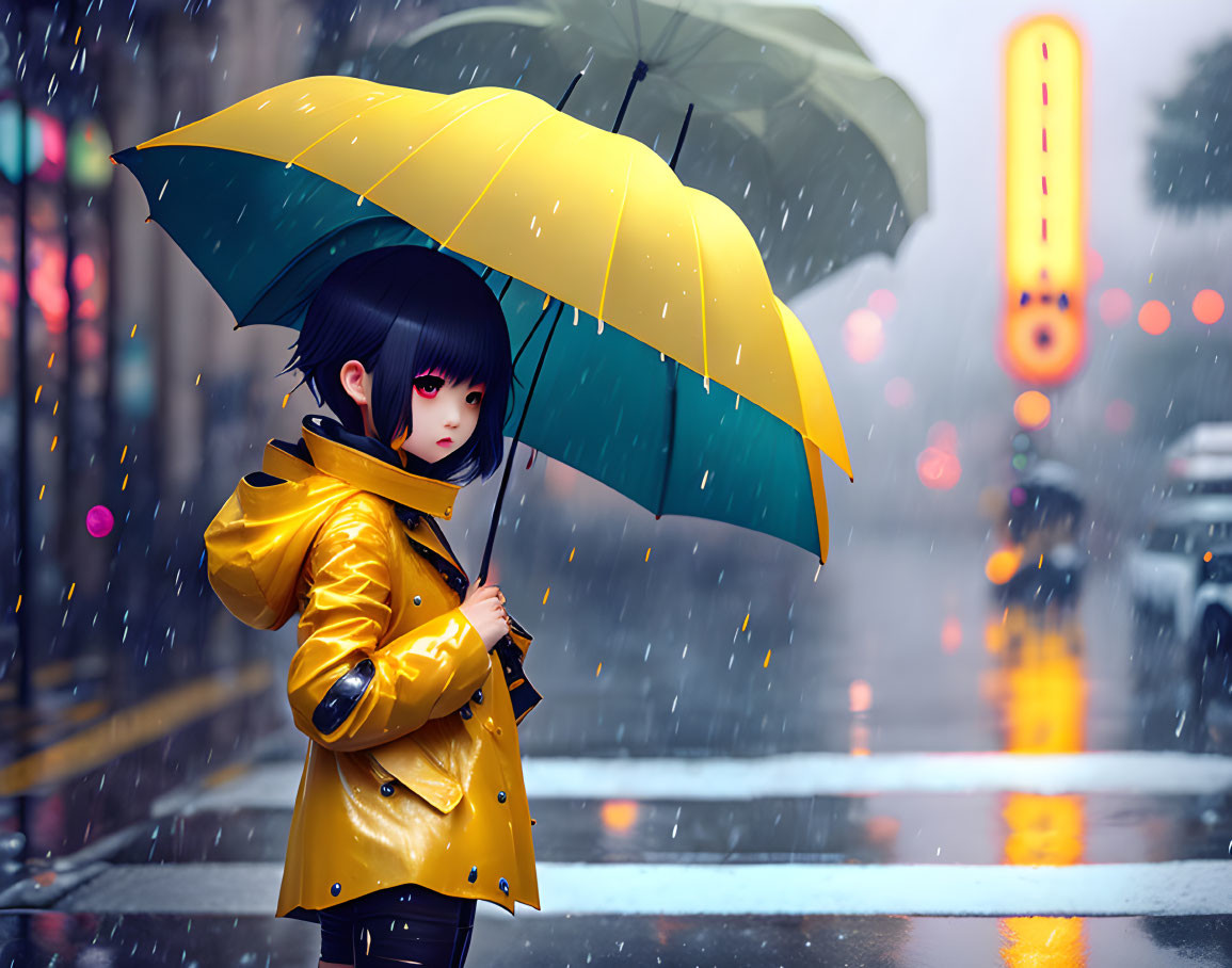 Dark-haired character in yellow raincoat with umbrella on rainy city street