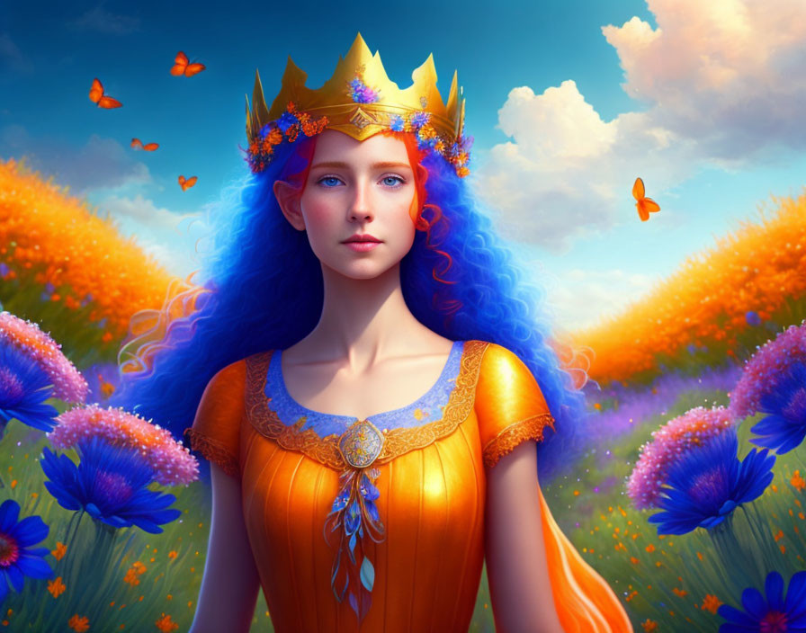 Woman with Vibrant Blue Hair in Field of Orange and Purple Flowers