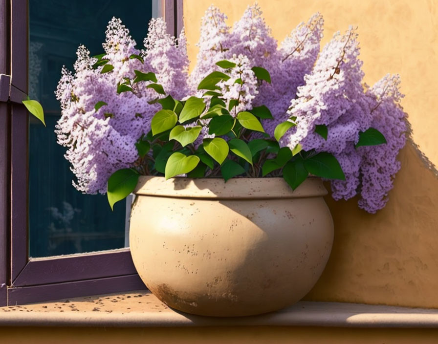 Terracotta pot with lilac blooms on sunlit windowsill