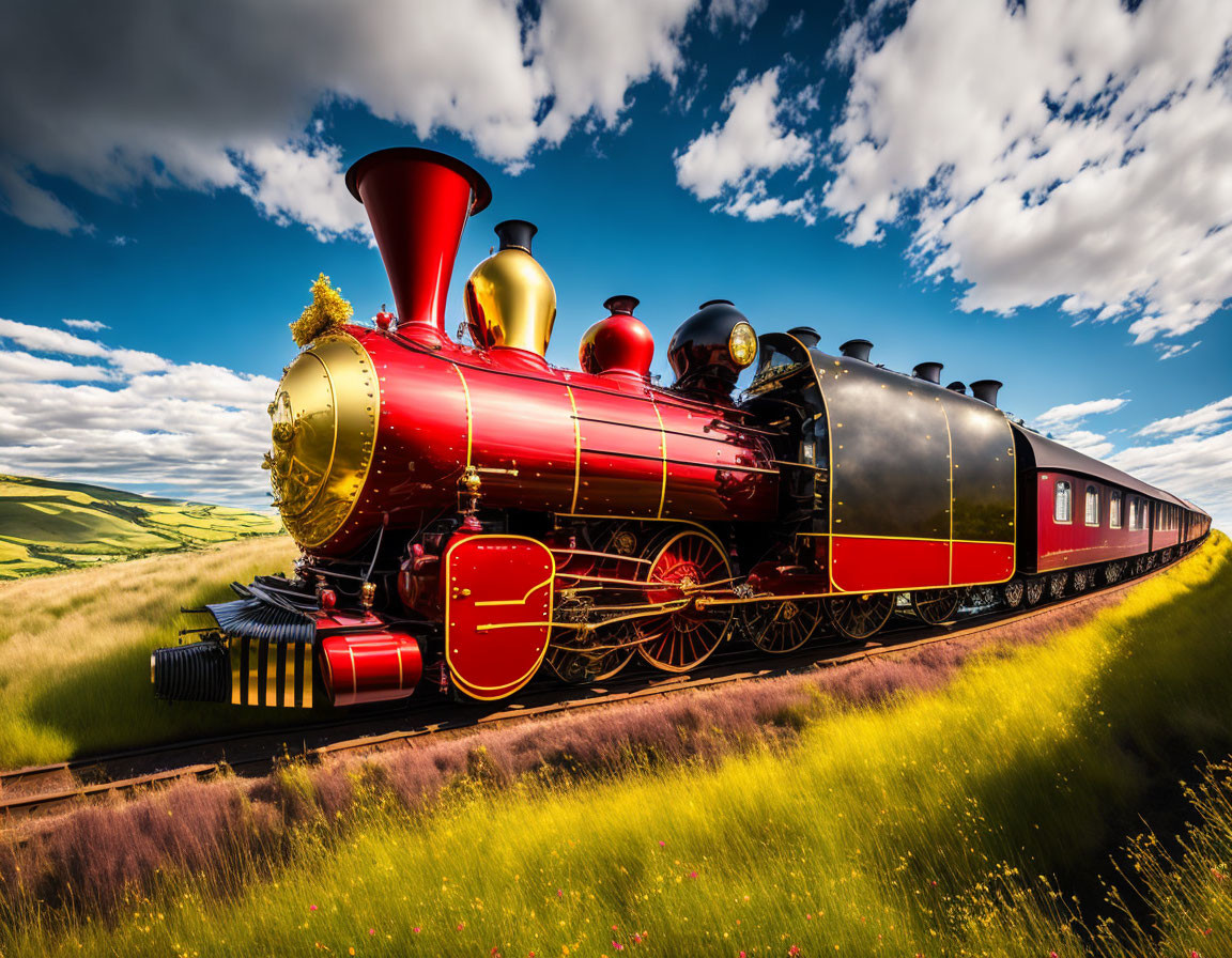 Classic Red and Black Steam Locomotive Moving Against Blue Sky