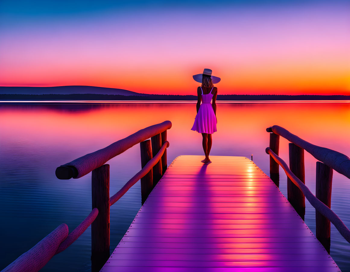 Person in dress and hat on tranquil lake dock at sunset with purple and orange sky reflected